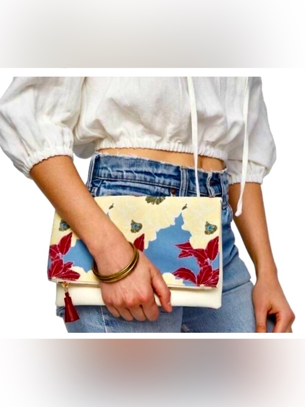 Anthropologie Rachel Pally Floral Canvas Zip Clutch in Blue, Cream & Wine